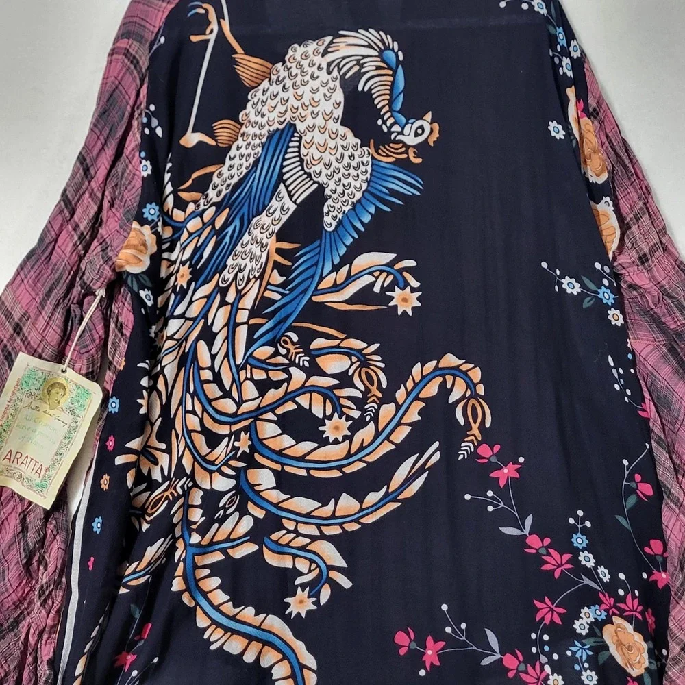 Aratta Shirt Womens Large Pink Plaid Bird Floral Boho Tunic Bell Sleeve Top - Picture 2 of 14